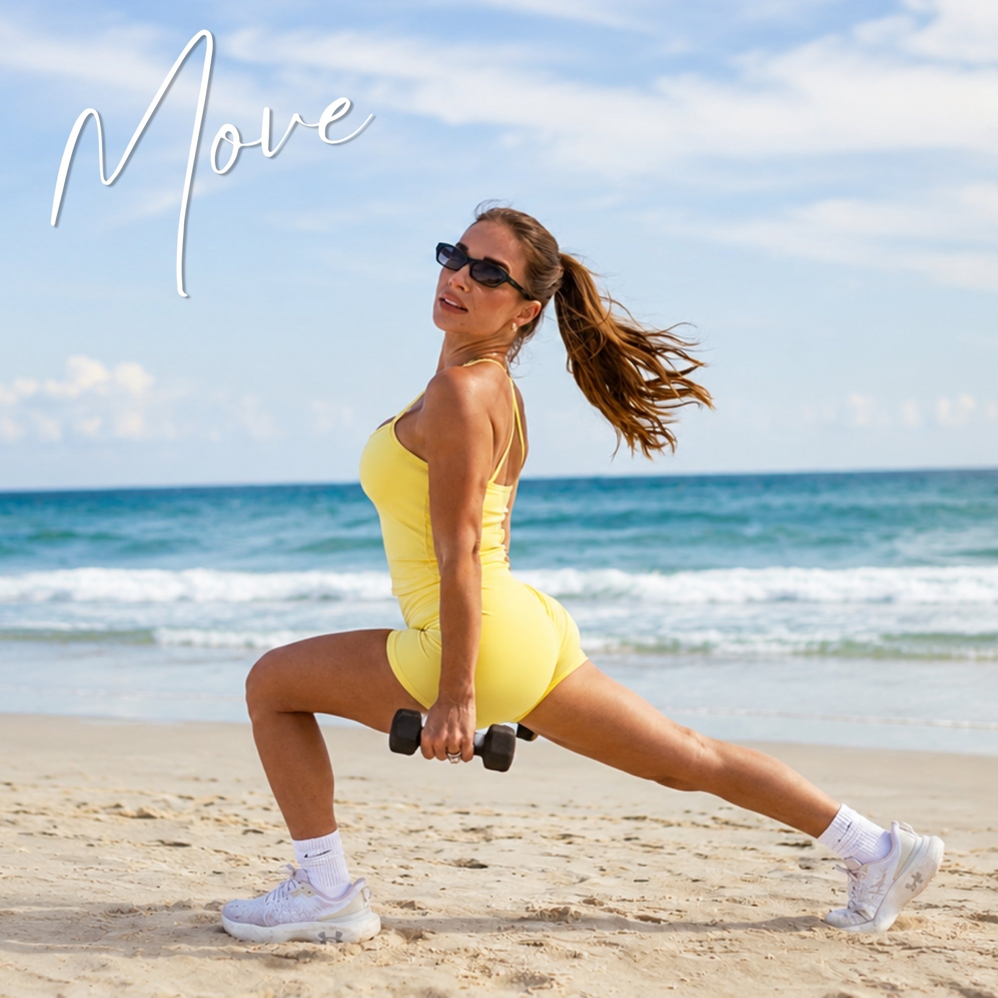 Jessie working out in a yellow outfit on the beach with words "Move" on display