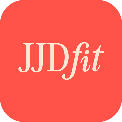 A coral-red rounded square icon with the text 'JJDfit' in a light cream serif font, representing the brand JJDfit.