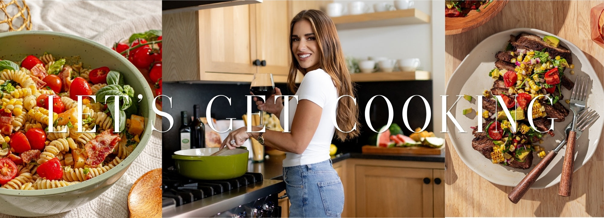 A three-panel lifestyle banner promoting cooking. The left panel shows a close-up of a bowl of pasta with fresh strawberries and basil.